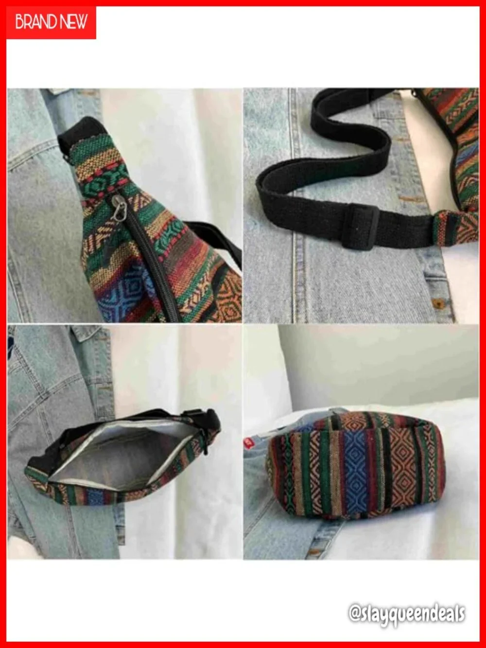 Boho woven hobo crossbody bag, ethnic geometric pattern, adjustable strap
